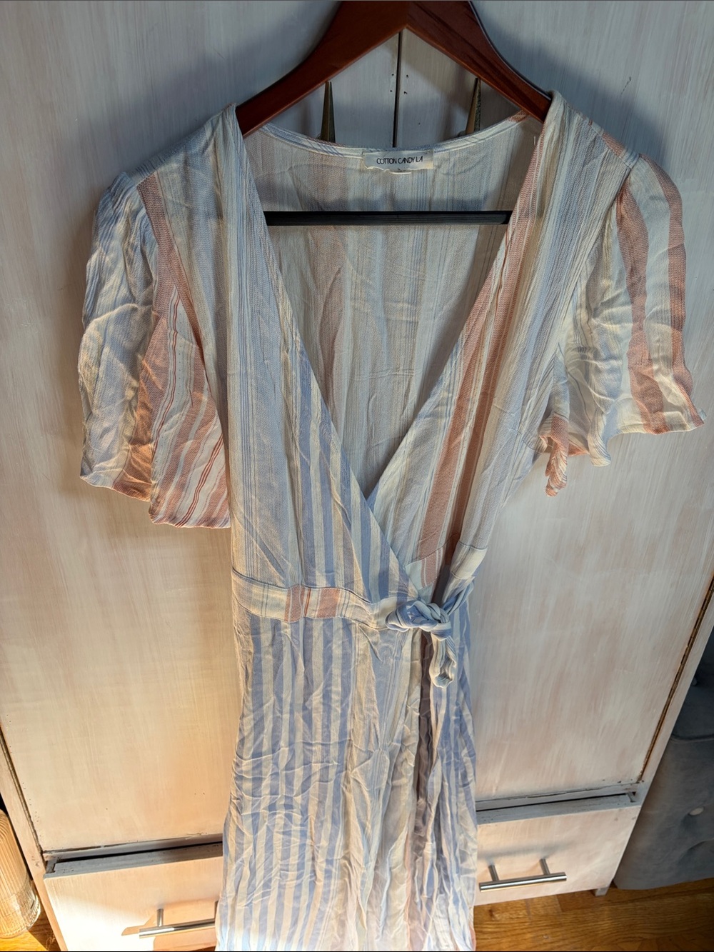 Cotton On Striped Wrap Dress - Cream with Pink & Blue Stripes